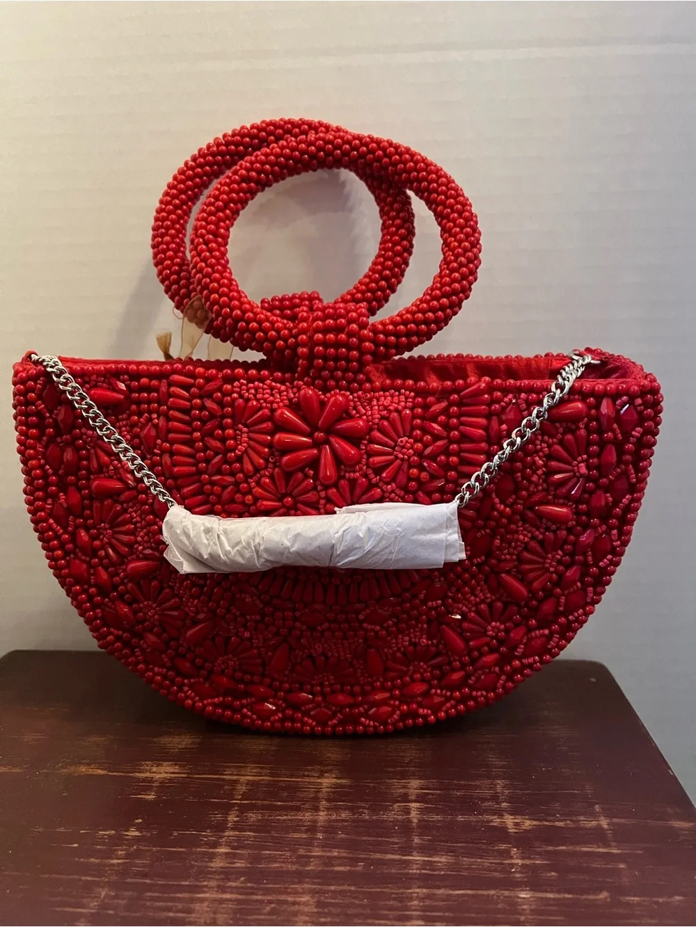 Handmade Red Beaded Women’s Tote Bag - Picture 2 of 2